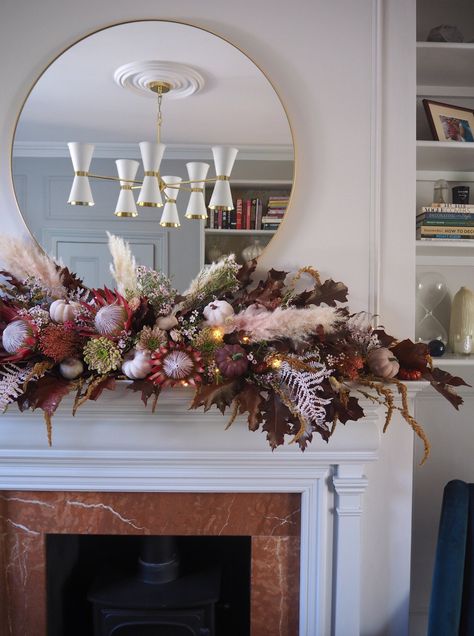 Autumnal Home Decor DIY: Floral Fireplace Garland For Halloween — MELANIE LISSACK INTERIORS Dried Flower Fireplace Garland, Fall Mantle Garland, Floral Fireplace, Christmas Garland Staircase, Christmas Fireplace Garland, Chic Fall Decor, Christmas Fireplace Mantels, Fall Fireplace Decor, Mantel Garland