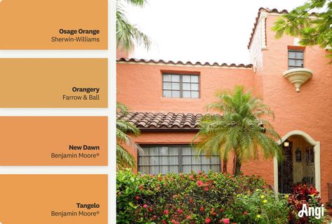 A two story burnt orange Spanish style house with a lush garden, including different tones of burnt orange paint Mediterranean House Colors, Spanish Exterior Paint Colors, Spanish Style Exterior Paint Colors, Italian House Exterior, House With Black Trim, Spanish House Exterior, Spanish Style Exterior, Sf House, House Painting Tips