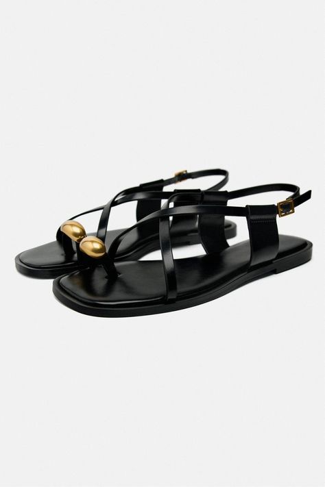 FLAT STRAPPY SANDALS WITH METAL EMBELLISHMENT - Black | ZARA United States Flat Strappy Sandals, Zara Flats, Slider Sandals, Strappy Sandals Flat, Strappy Flats, Platform Flats, Trending Sandals, Womens Sandals Summer, Sandals Women