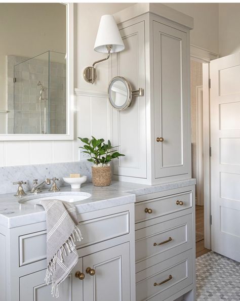 Linen Cabinet Next To Vanity, Studio Mcgee Bathroom Vanity, Cabinet Next To Bathroom Vanity, Shallow Vanity, Small Primary Bathroom Layout, Bathrooms With Silver Fixtures, Bathroom White Cabinets, Serena And Lily Bathroom, Grey Marble Bathroom Floor