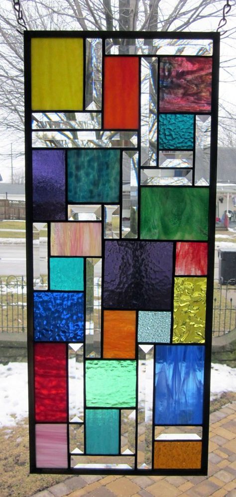 Zephyr Stained Glass Window Panel Abstract Geometric EBSQ Artist Tiffany Vitray, Antique Stained Glass Windows, L'art Du Vitrail, Window Stained, Modern Stained Glass, Bathroom Window, Glass Painting Designs, Verre Design, Stained Glass Window Panel