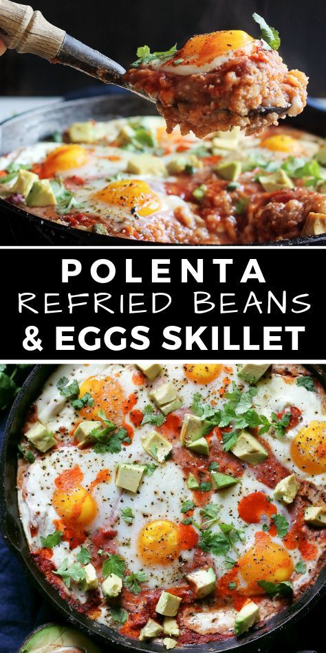 Bean And Egg Recipes, Bean And Egg Breakfast, Healthy Mexican Breakfast, Mexican Polenta, Polenta Dishes, Polenta Breakfast, Breakfast Polenta, Creamy Refried Beans, Breakfast Mexican