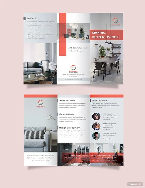 Home Interior Tri-Fold Brochure Template Interior Design Brochure, Church Brochures, Travel Brochure Design, Interior Brochures, Graphic Design Portfolio Cover, Brochure Psd, Trifold Brochure Design, Bi Fold Brochure, Microsoft Publisher