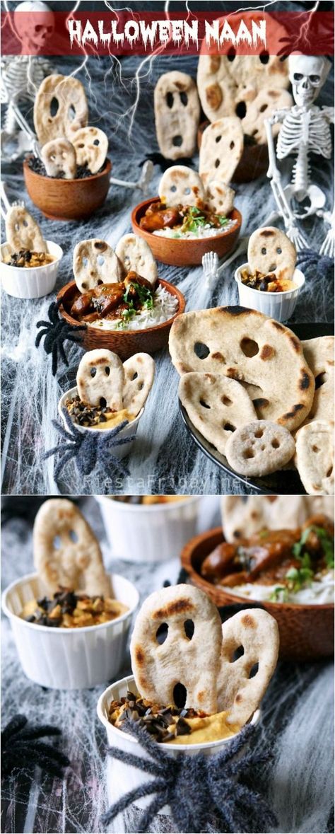 Halloween Naan | The fluffy and bubbly, crisp and chewy Indian Naan is made even more enticing and fun to eat by giving it a Halloween twist. Your kids will love this idea! #halloween #naan #healthyfood #wholewheat #Indian Halloween Vegetarian Food, Halloween Flatbread, Bake Halloween, Indian Flatbread, Halloween Dinner, Naan Bread, Halloween Snacks, Halloween Food, Halloween Recipes