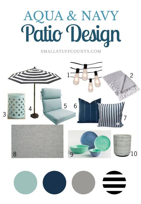 I'm loving this aqua and navy patio design! Such a pretty style for a budget friendly deck or outdoor space. Definitely saving this mood board! Patio Ideas On A Budget, Outdoor Patio Ideas Backyards, Adirondack Furniture, Blue Patio, Outdoor Remodel, Patio Style, Budget Patio, Apartment Patio, Pool Decor