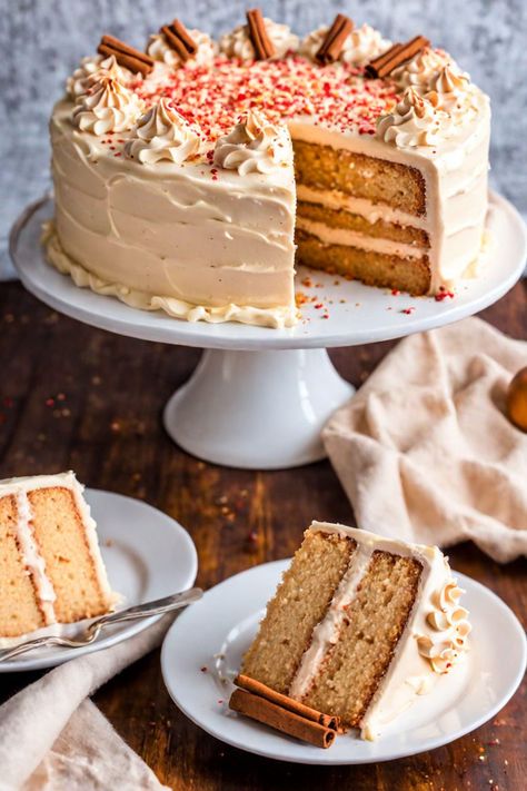 Tasty Spiced Eggnog Cake With Eggnog Buttercream Recipe 2024 - Recipes Moms Eggnog Spice Cake, Egg Nog Cake, Eggnog Pound Cake Recipe, Eggnog Buttercream, Spiced Eggnog, Eggnog Cake, Favorite Holiday Desserts, New Year's Desserts, Smoked Turkey Recipes