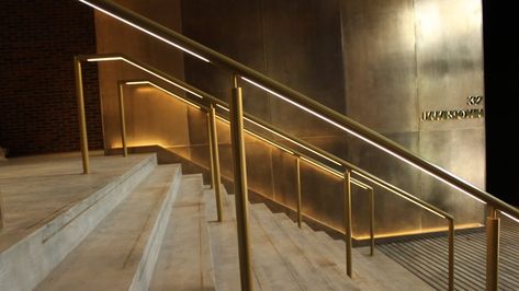 Jamestown Road | Bespoke lit handrail | The Light Lab Exterior Handrail, Handrail Lighting, Glass Handrail, Outdoor Handrail, Bathroom Lighting Design, Handrail Design, Staircase Handrail, Architectural Lighting Design, Step Lighting Outdoor