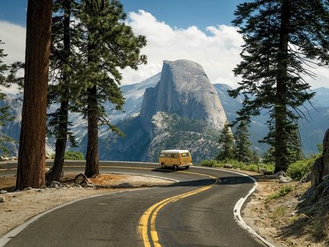 VW Camper Driving with a Beautiful View of Half Dome Yosemite National Park California Chris Burkard - Photorator California Landscape Photography, Half Dome Yosemite, National Parks Photography, California National Parks, Mountain Road, Camping Experience, Zion National Park, Camping Meals, Yosemite National