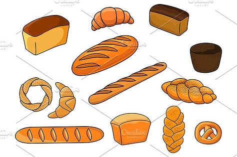 Breads and pastry in cartoon style Graphics Bakery products with cartoon loaves of white and brown bread, baguettes, pretzel, croissants, plaite by Vector Tradition SM Bakery Shop Design, Bakery Products, Danish Pastry, Brown Bread, Graphics Fairy, Bakery Shop, Bread And Pastries, Cartoon Icons, Vintage Graphics