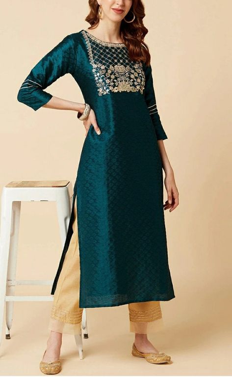 Calf length Yoke Design, Cotton Silk Fabric, Straight Kurta, Kurta Designs, Dark Teal, Indian Wear, Online Retail, Three Quarter Sleeves, Cotton Silk