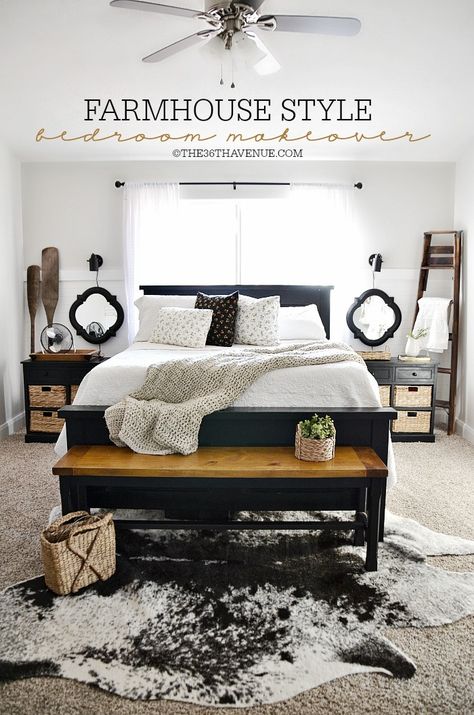 Home Decor - DIY Bedroom Makeover and Farmhouse Decor at the36thavenune.com Farmhouse Style Bedroom, Rustic Farmhouse Bedroom, Guest Bedroom Makeover, Farmhouse Style Bedrooms, Black Bedroom Furniture, Farmhouse Bedroom Decor, Style Bedroom, Black Furniture, The Farmhouse