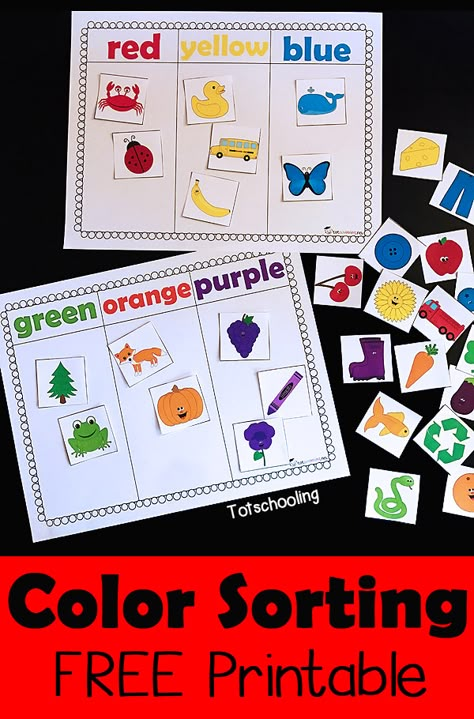 FREE Color sorting printable for toddlers and preschoolers perfect for learning colors, increasing vocabulary, promoting language and speech development. Color Sorting Printable, Increasing Vocabulary, Sorting Colors, Toddlers And Preschoolers, Math Activities Preschool, Free Preschool, Tot School, Sorting Activities, Games For Toddlers