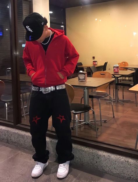 Red And Black Guy Outfits, Mexican Outfit Ideas For Men, Cap Pose Men, Red Bape Hoodie Outfit, Bape Hoodie Outfit Men, Y2k Outfits Street Styles Men, Red Streetwear Outfit Men, Red And Black Outfits Men, Y2k Outfits Japanese