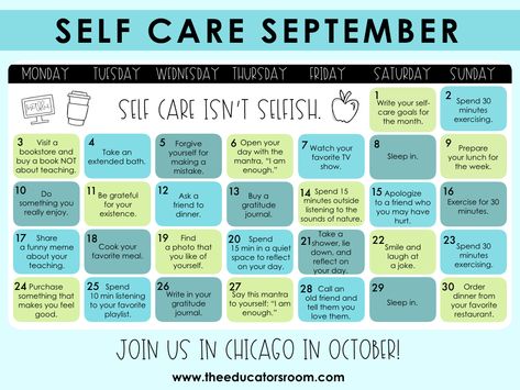 Whether you started school in August our you go back after Labor Day, teachers must make their own mental health a priority. Starting this month, we’ll be releasing our limited September Teacher Self-Care calendar for you to download for free. Email this out to your colleagues who need a little bit more love or post … August Self Care Calendar, Back To School Self Care, August Self Care Challenge, Self Care For Teachers, Selfcare Calendar, Self Care Bulletin Board, Mental Health Bulletin Board Ideas, Mental Health Bulletin Board, Month Bulletin Board Ideas