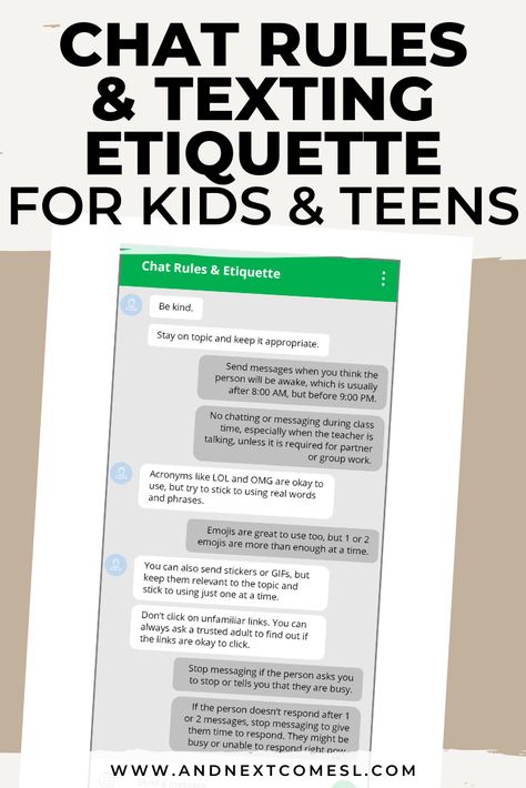 Teach your kids basic chat rules and digital etiquette using this free printable list of chat and texting etiquette for tweens and teens. #tweens #teens #parenting #textingetiquette #socialskills Etiquette For Kids, Digital Etiquette, Cell Phone Etiquette, Texting Etiquette, Online Etiquette, Etiquette Classes, Social Media Etiquette, Room Rules, Phone Etiquette