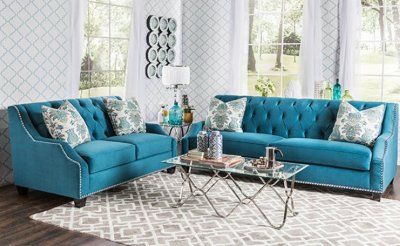 Celeste SM2226 Sofa in Azure Blue Fabric w/Options Blue Sofa Set, Blue Living Room Sets, Studio Living Room, Velvet Living Room, Living Room Sofa Set, Set Sofa, Studio Living, Couch Set, Leather Living Room Set