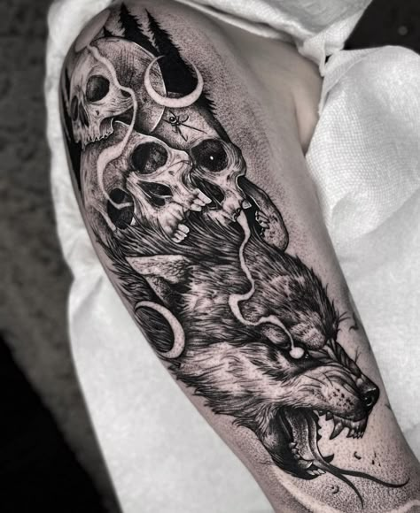 Horror Tattoo Ideas, Wolf Tattoo Forearm, Fenrir Tattoo, Victorian Witch, Skull Art Tattoo, Wolf Tattoo Sleeve, Forest Tattoos, Norse Tattoo, Wolf Tattoo Design