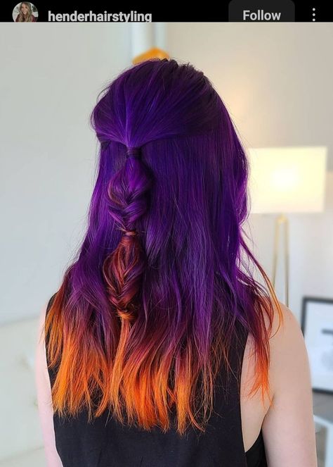 Orange And Purple Hair Curly, Vivid Colour Hair, Sun Set Hair Color, How To Split Dye Hair, Villan Era Hair, Halloween Hair Inspiration, Cooper And Purple Hair, Vivid Color Money Piece, Purple To Orange Ombre Hair