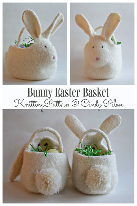 Felt Easter Basket, Easter Basket Pattern, Mini Easter Basket, Bunny Easter Basket, Felt Basket, Treat Basket, Crochet Patterns Free Beginner, Bunny Lovers, Bunny Easter