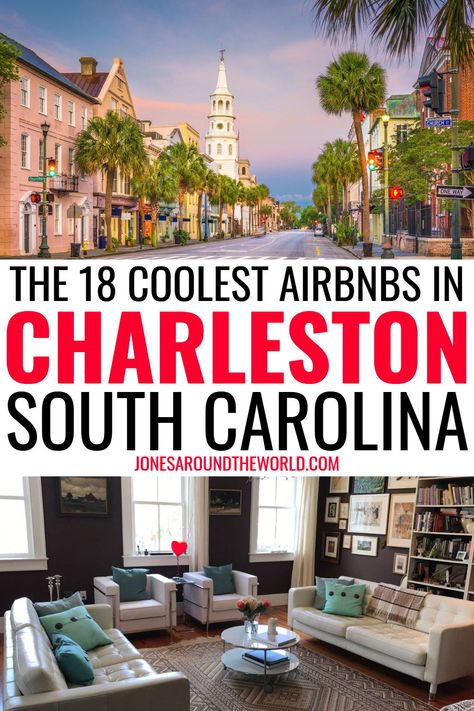 Planning an upcoming trip and searching for the best Airbnbs in Charleston, South Carolina? I've put together this amazing Airbnb Charleston, SC guide for unique rentals, romantic escapes, luxury mansions +  more! Southern charm at its best.  Once you see the centuries-old mansions, Spanish moss-draped trees, horse-drawn carriages, cobblestone walks – it's like you have traveled back in time. It's the perfect getaway for a honeymoon, family vacation, or friend's weekend get-together. #charleston Charleston South Carolina Vacation, Amazing Airbnb, Charleston Travel Guide, Airbnb Hosting, Charleston Hotels, Charleston Vacation, Luxury Mansions, South Carolina Travel, Best Airbnb