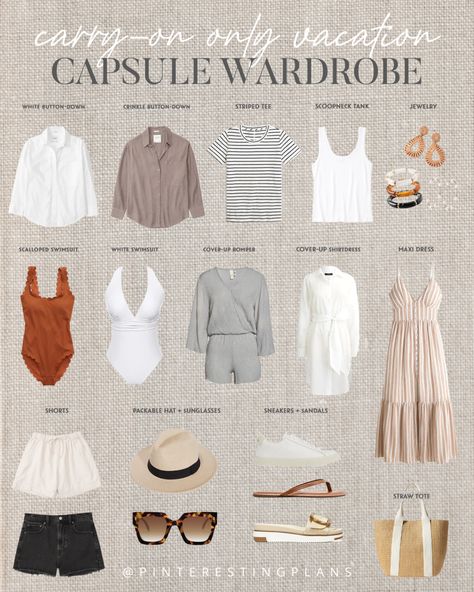 Visit here to check out Carry-on Only Vacation Capsule Wardrobe 2023 on Pinteresting Plans! If you are looking for carry-on-only outfits then this is the blog post for you. Get inspired to try out this vacation wardrobe capsule. You will not regret trying out these travel outfit ideas for women that this blog post has to offer as well. Be sure to try out these women's dresses and swimsuits for vacation. There is nothing better than adding these vacation clothes for the warm weather. Vacation Capsule Wardrobe 2023, Beach Capsule Wardrobe, Capsule Wardrobe 2023, Vacation Capsule Wardrobe, Vacation Capsule, Holiday Capsule Wardrobe, Spring Summer Capsule Wardrobe, Capsule Wardrobe Essentials, Travel Capsule