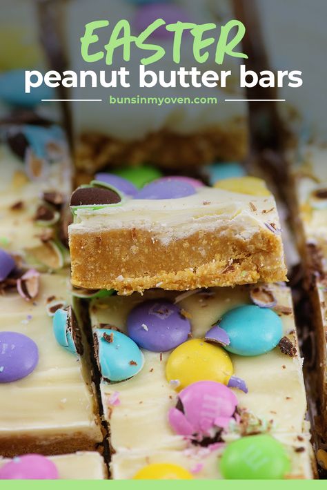 No bake, just 6 ingredients, and no mixer needed! These peanut butter bars make the perfect Easter dessert! Easter Desserts Peanut Butter, Easter Casserole Recipes, No Bake Peanut Butter Bars, Easter Deserts, Peanut Butter White Chocolate, Easy Easter Recipes, Recipes Easter, Chocolate Recipes Easy, No Bake Peanut Butter