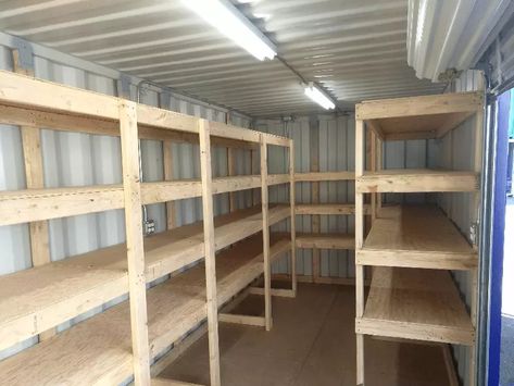 shipping container tool shak Shipping Container Shelving, Sea Can Shed, Shipping Container Shelves, Shipping Container Organization, Shipping Container Storage Shed, Shipping Container Man Cave, Shipping Container Sheds Storage, Shipping Container Painting Ideas, Shipping Container Shop Ideas