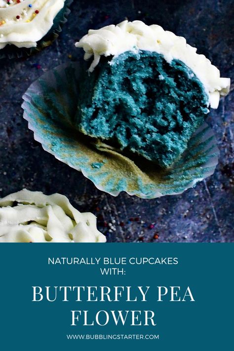 Butterfly Pea Cake Recipe, Pansy Flower Recipes, Butterfly Pea Flower Cupcakes, Butterfly Pea Flower Frosting, Spring Bakery Treats, Butterfly Blue Pea Flower, Butterfly Pea Flower Cookies, Herbal Cupcakes, Butterfly Pea Cake