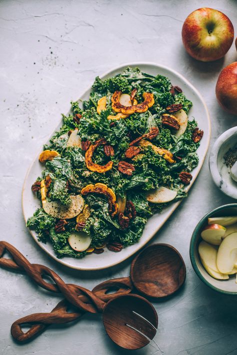 Harvest Moon Kale Caesar Salad with Creamy Maple Mustard Dressing — Will Frolic for Food Maple Dijon Dressing, Delicata Squash Recipe, Roasted Delicata Squash, Kale Caesar, Kale Caesar Salad, Maple Mustard, Kale Salad Recipes, Caesar Salad Recipe, Squash Salad