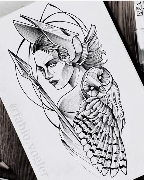 Owl And Athena Tattoo, Athena Tattoo Thigh, Athena And Owl Tattoo Design, Athena Goddess Tattoo Design, Warrioress Tattoo, Athena Tattoo Stencil, Greek Goddess Athena Tattoo, Athena Tattoo Ideas, Athena Greek Goddess Art