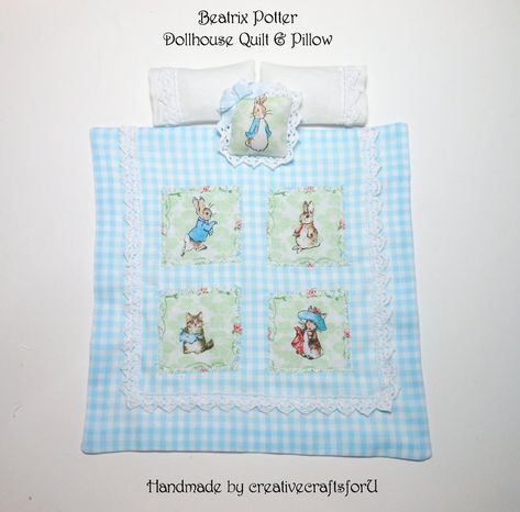 Beatrix Potter Quilt & Pillow Dollhouse Bedding Set Peter | Etsy Dollhouse Bedding, Jemima Puddle Duck, Dollhouse Quilt, Tom Kitten, Puddle Duck, Rabbit Pillow, Dollhouse Bed, Quilt Pillow, Benjamin Bunny