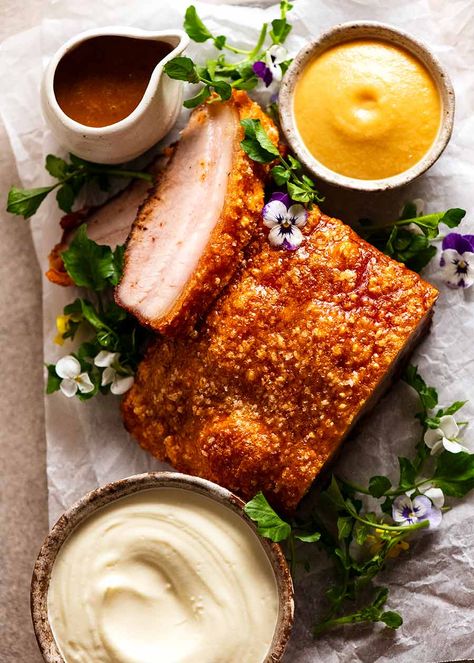 Overhead photo of Slow Roasted Crispy Pork Belly Crispy Pork Belly Plating, Confit Pork Belly, Pork Floss Recipe, Pork Belly Plating, Pork Belly Photography, Fine Dining Recipes Main Courses, Pork Belly Appetizer, Marinated Pork Belly, Braised Pork Belly