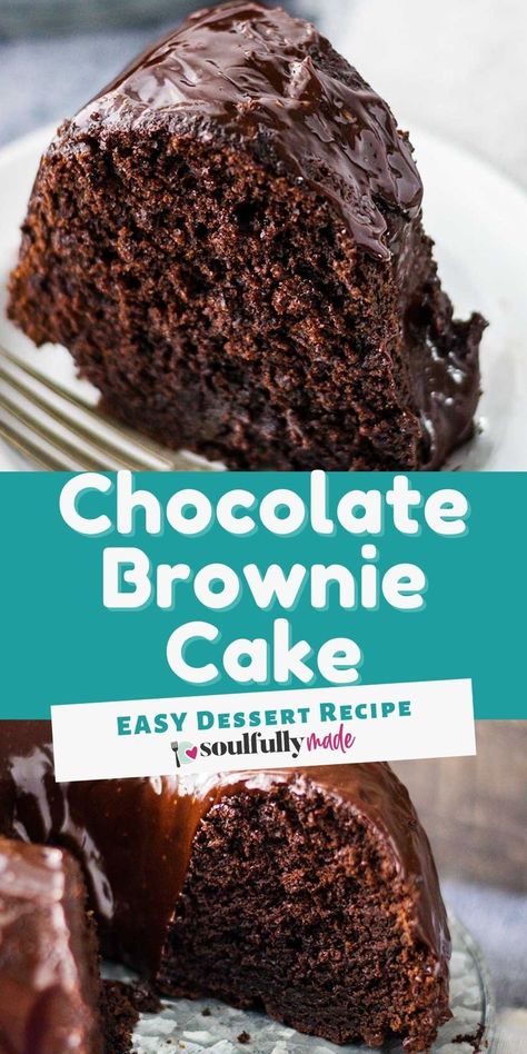 This Chocolate Brownie Cake is super easy, remarkably moist, and as delectable as it gets! Topped with a decadent chocolate ganache. Chocolate Brownie Cake Recipe, Chocolate Ganache Icing, Brownie Cake Recipe, Chocolate Fudge Icing, Chocolate Brownie Cake, Amazing Chocolate Cake Recipe, Chocolate Fudge Cake, Baked Dessert Recipes, Bundt Cakes