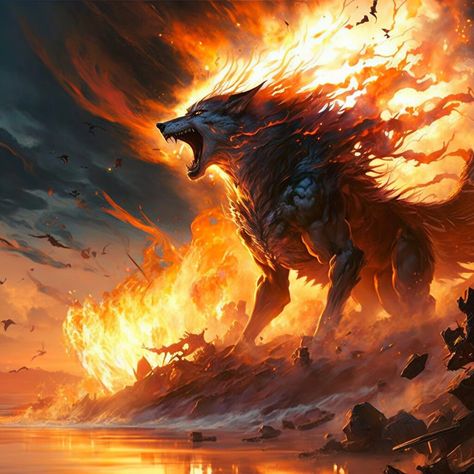 Fire Wolf Fantasy Art, Fenrir Fantasy Art, Wolf Vs Dragon, Werewolf Fantasy Art, Wolf Fantasy Art, Fenrir Art, Wolf Beast, Fire Wolf, Wolf Art Fantasy