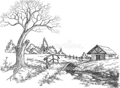 Early spring landscape. Rural landscape, bridge over small river and house sketc , #Aff, #landscape, #Rural, #Early, #spring, #bridge #ad Landscape Pencil Drawings, Tree Drawings Pencil, Landscape Sketch, Countryside Landscape, Spring Landscape, Rural Landscape, Pencil Art Drawings, Landscape Drawings, Tree Drawing