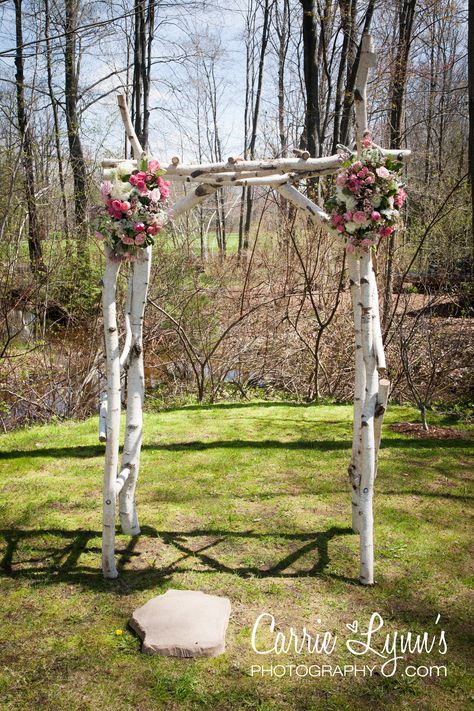 Birch wedding arch with pink & white corner arrangements. Flower Arrangement For Church, Birch Wedding Arch, Portraits Pictures, Fifty Flowers, Wedding Arch Ideas, Birch Wedding, Winter Wedding Planning, Fresh Rose Petals, Arch Ideas