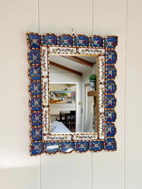 Handmade Peruvian Painted Glass Rectangular Mirror Spanish - Etsy Mediterranean Mirror, Spanish Mirror, Tropical Mirror, Mirror With Flowers, Bohemian Mirror, Mirror Unique, Colorful Mirror, Unique Mirror, Flowers Tropical