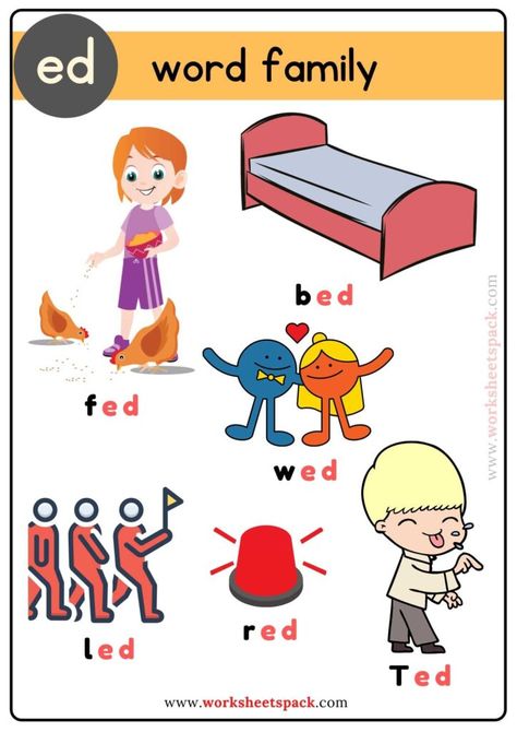 Free Ed Word Family with Pictures - Printable and Online Worksheets Pack Ed Words Worksheet, En Family Words, Ed Words, Ed Word Family, I Sound Words, Tally Marks Kindergarten, Synonym Activities, Sound Pictures, Family Worksheets