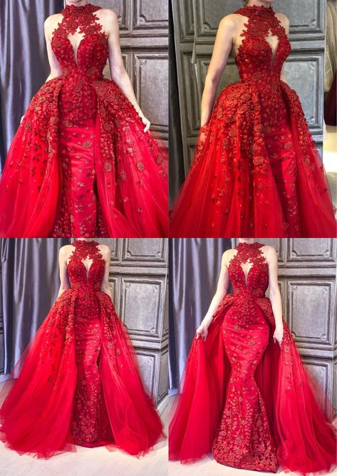 Gold And Red Gown, Red African Wedding Dress, Baju Kahwin, Elegant Evening Gown, Red Evening Gowns, Maternity Evening Dress, Detachable Train, Lace Evening Gowns, Prom Dresses 2020