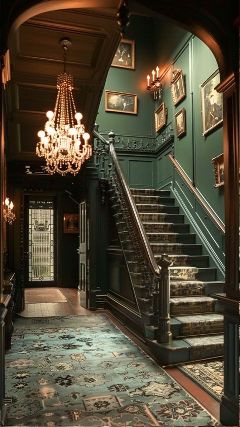 Victorian Entryway Ideas, Academia Entryway, Manor Entrance Hall, Mansion Entryway, Harry Potter Scenarios, Gothic Staircase, Staircase Vintage, Victorian Foyer, Victorian Entryway