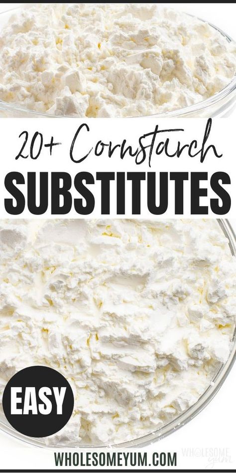 Need a substitute for cornstarch? Here's your master list! Find (both regular and low carb) cornstarch alternatives for any recipe -- sauces, baking, frying, and more. Substitute For Cornstarch, Cornstarch Alternative, Cornstarch Substitute, Healthy Corn, Bread Substitute, Cooking Substitutions, Flour Substitute, Vegan Substitutes, Wholesome Yum