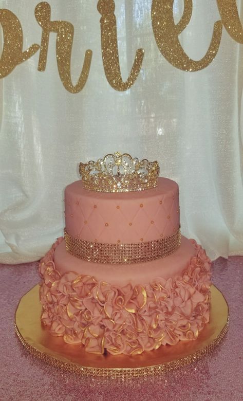 Two Tier Quinceanera Cake, Rose Gold Princess Cake, Pink And Gold Princess Cake, Birthday Cakes Pink And Gold, Pink And Gold Cake Birthday, Pink And Gold Cake Ideas, Cakes Pink And Gold, Rose Gold Cake Ideas Birthday, Pink And Gold Cakes