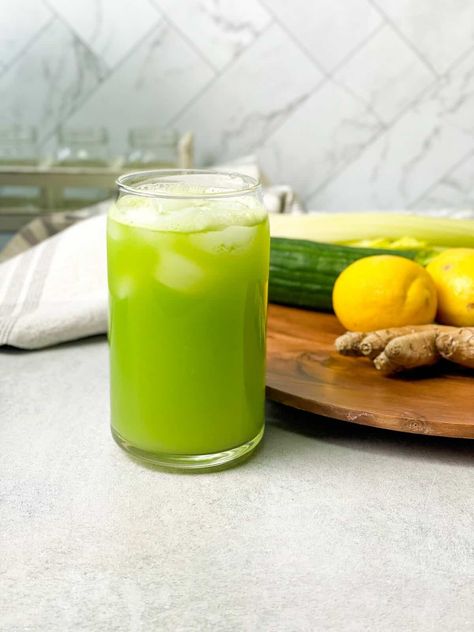 This Cucumber Celery Detox Juice presents a mix of celery, cucumber, lemon, and ginger.