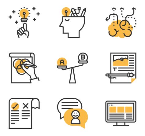 Design thinking How Might We Design Thinking, Idea Icon Design, Brainstorming Ideas Design, Office Illustration Design, Icon Styles Design, Creative Thinking Illustration, Icons For Presentations, Design Thinking Illustration, Innovation Design Creativity