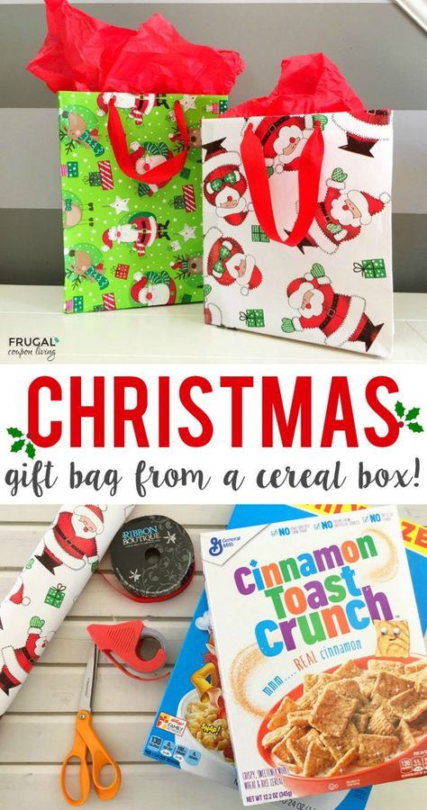 Upcycled Cereal Box Gift Bag Christmas Craft on Frugal Coupon Living. Creative idea and fun homemade gift bag for the holiday season. #christmas #christmascraft #chrsitmasgifts #giftidea #diyproject #diycrafts #upcycled #upcycledgiftwrap Homemade Gift Bags, Fun Homemade Gifts, Cereal Box Craft, Upcycle Crafts, Dollar Diy, Christmas Tips, Apple Preschool, Box Crafts, Christmas Bulletin