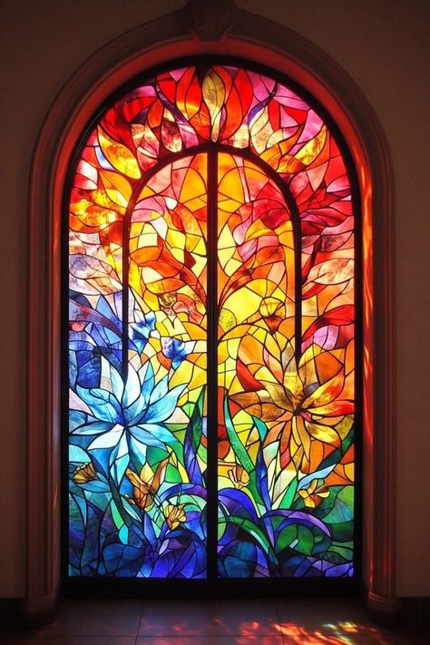 "Create stunning window decor with DIY Stained Glass Window Film! 🛠️🪟 Perfect for adding a touch of color and artistry to any room. 🌟✨ #StainedGlass #DIYProjects #WindowDecor" Colourful Glass Window, Painted Stained Glass Windows, Window Glass Painting Designs, Fake Stained Glass Window, Arch Painting, Stained Glass Ideas, Painting On Glass Windows, Diy Stained Glass Window, Stain Glass Window Art