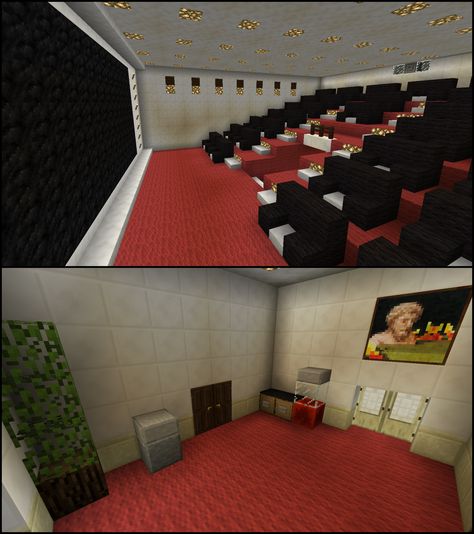 Minecraft Movie Theater Cinema Minecraft Movie Theater, Cinema Lobby, Minecraft Hus, Minecraft Movie, Minecraft Houses Interior, Minecraft Decoration, Cinema Theater, Rumah Minecraft Sederhana, Theater Architecture