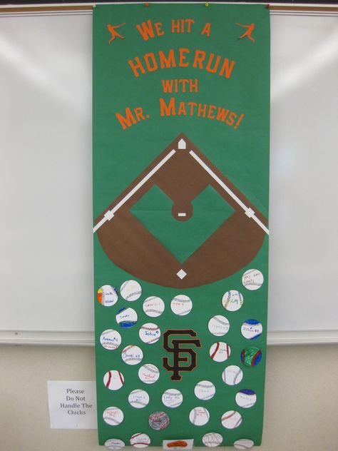 Teacher Appreciation Poster This poster was made for a teacher that loves baseball.  It says "WE HIT A HOMERUN WITH MR. MATHEWS!"  I had each student autographed a baseball. Baseball Theme Classroom Door, Baseball Themed Classroom Doors, Classroom Decor Male Teacher, Baseball Door Decorations Classroom, Teacher Appreciation Week Poster, Teacher Appreciation Week Door, Baseball Classroom, Teacher Appreciation Door Decorations, Teacher Appreciation Poster