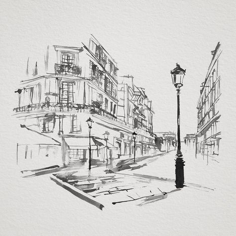 Old Street Drawing, Street Corner Drawing, Paris Street Drawing, City Street Drawing, Corner Drawing, Paris Sketch, Cover Drawing, Paris Drawing, One Point Perspective