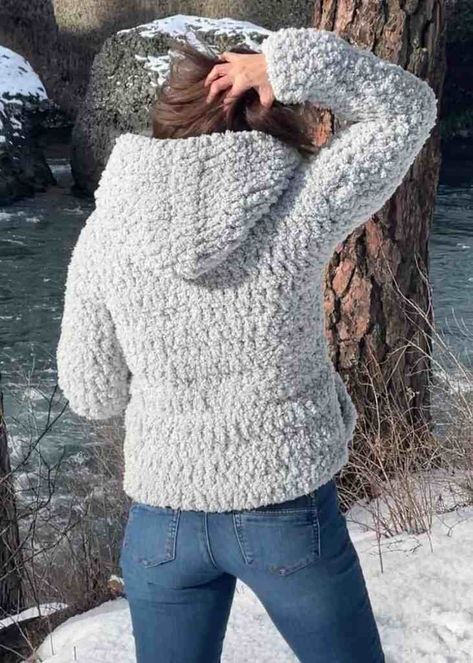 Hooded Sweater Crochet Pattern Free, Bernat Blanket Yarn Crochet Cardigan, Crochet Hooded Sweater Pattern Free, Crochet Hoodie Pattern Free, Crochet Seasonal, Crochet Hoodies, Chunky Jacket, Decorative Crochet, Crochet Hoodie